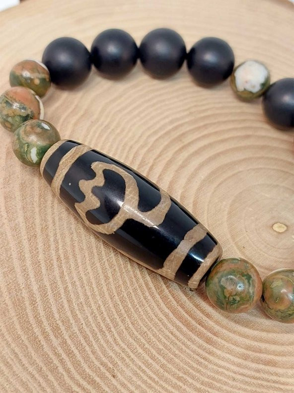 Tibet Akik, Shungit & Riyolit Taşlı Lotus Sembollü Unisex Bileklik 10-12mm - Resim 3