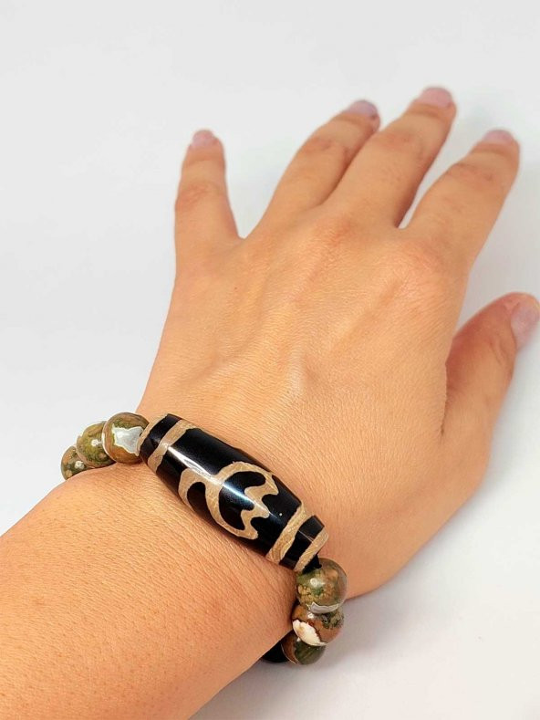 Tibet Akik, Shungit & Riyolit Taşlı Lotus Sembollü Unisex Bileklik 10-12mm - Resim 4