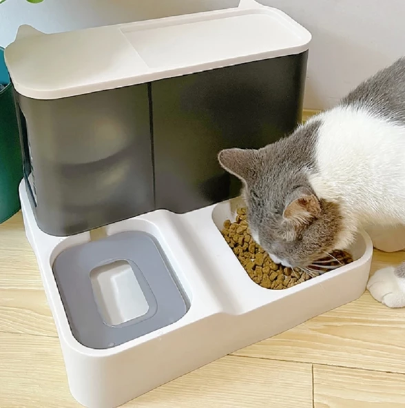 2 si 1 Arada Otomatik Kedi Köpek Mama ve Su Kabı Gri - 3