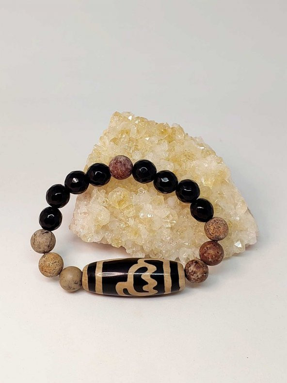 Tibet Akik, Japer & Oniks Taşlı Lotus Sembollü Unisex Bileklik 10mm ürün görseli