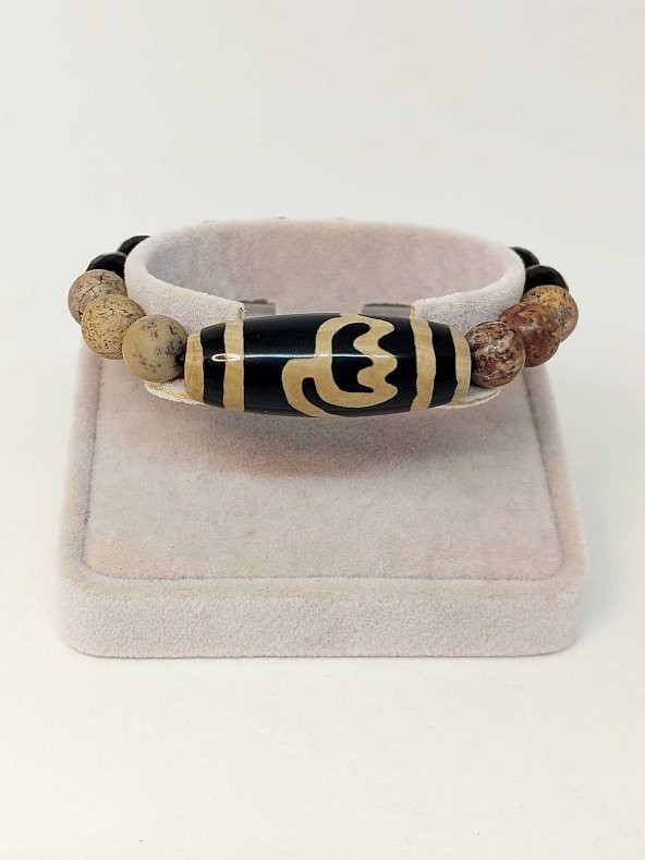 Tibet Akik, Japer & Oniks Taşlı Lotus Sembollü Unisex Bileklik 10mm - Resim 2