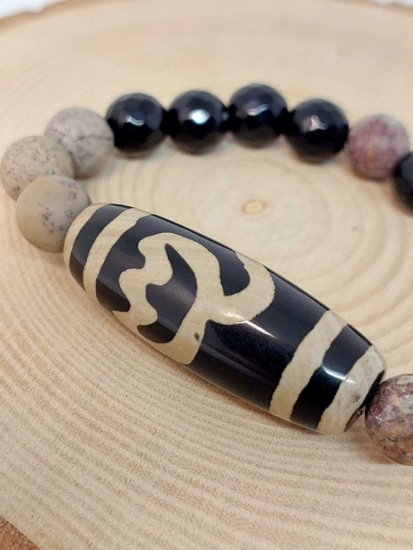 Tibet Akik, Japer & Oniks Taşlı Lotus Sembollü Unisex Bileklik 10mm - Resim 3