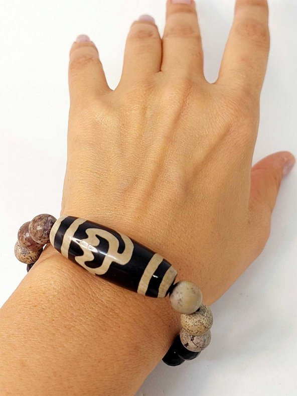 Tibet Akik, Japer & Oniks Taşlı Lotus Sembollü Unisex Bileklik 10mm - Resim 4