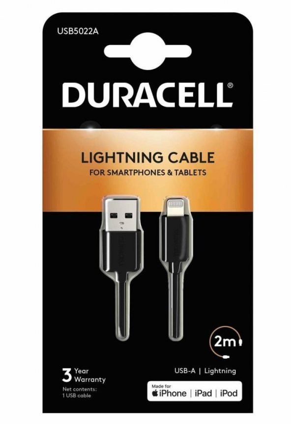 Duracell 2m Lightning to USB-A Şarj Kablosu - Siyah