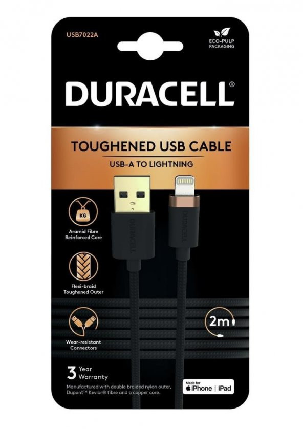 Duracell 2m Lightning to USB-A Örgülü Şarj Kablosu - Siyah