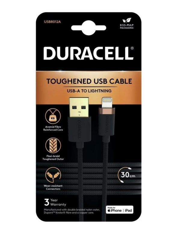 Duracell 0,3m Lightning to USB-A Örgülü Şarj Kablosu - Siyah