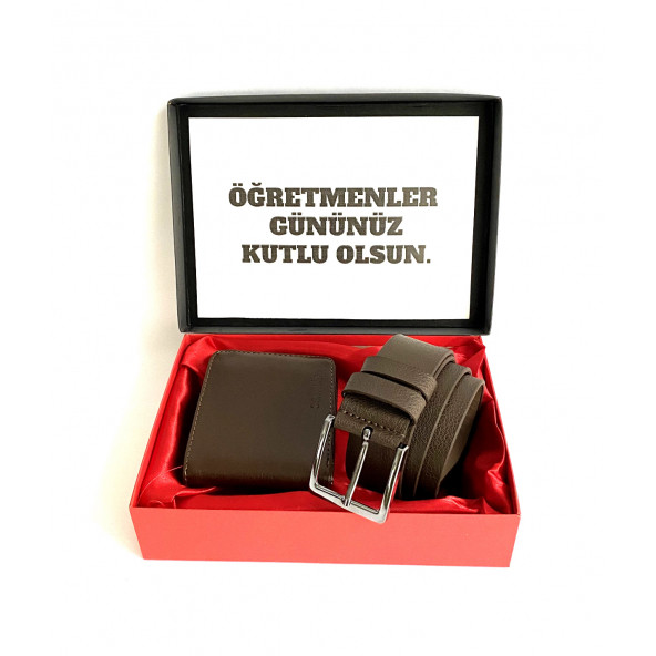 Öğretmenler Günü Erkek Kemer Cüzdan Kahverengi Hediye Set
