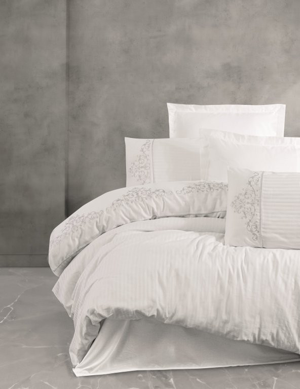 Cotton Box Nakışlı Saten Çift Kişilik Nevresim Takımı Genny Beyaz ürün görseli 1