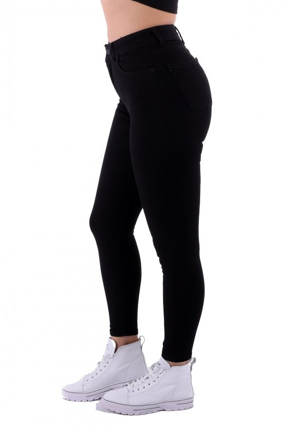 Ekstra Dar Kalıplı Yüksek Belli ve Bilek Boylu Cepli Kadın Kot Pantolon Skinny Jean Siyah Denim - 5