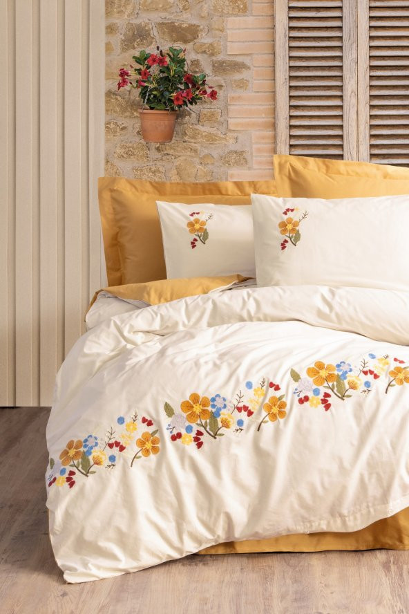 Cotton Box Nakışlı Ranforce Çift Kişilik Nevresim Takımı Pamuya Hardal