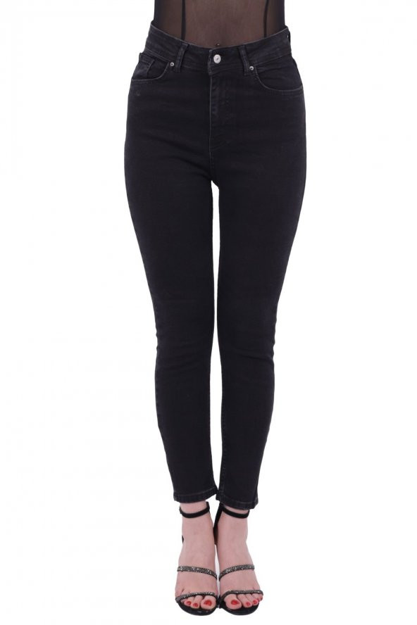Dar Kalıplı ve Yüksek Belli Cepli Astarsız Kadın Kot Pantolon Skinny Jean Antrasit Denim Dört Mevsim - 4