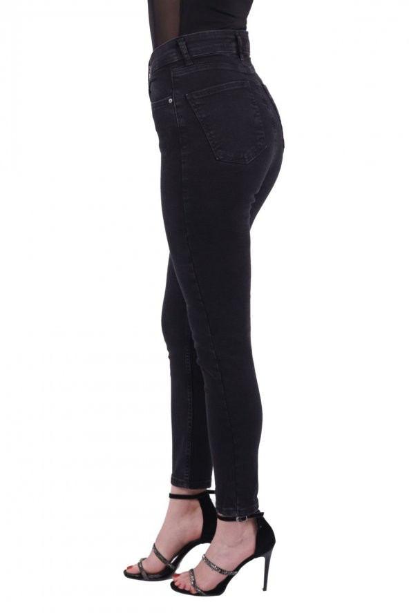 Dar Kalıplı ve Yüksek Belli Cepli Astarsız Kadın Kot Pantolon Skinny Jean Antrasit Denim Dört Mevsim - 5