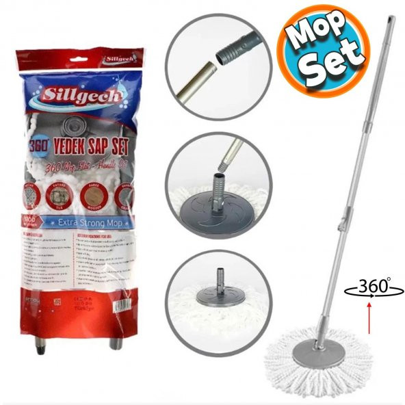 Yüzey Yer Temizleme Süper Emici 360 Derece Dönen Saplı Mikrofiber Yedek Mop Paspas Set