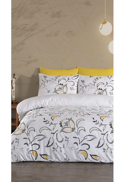 Jolly Home 4 Mevsim Çift Kişilik Kapitoneli Nevresim Takımı-Manolya Sarı Gri