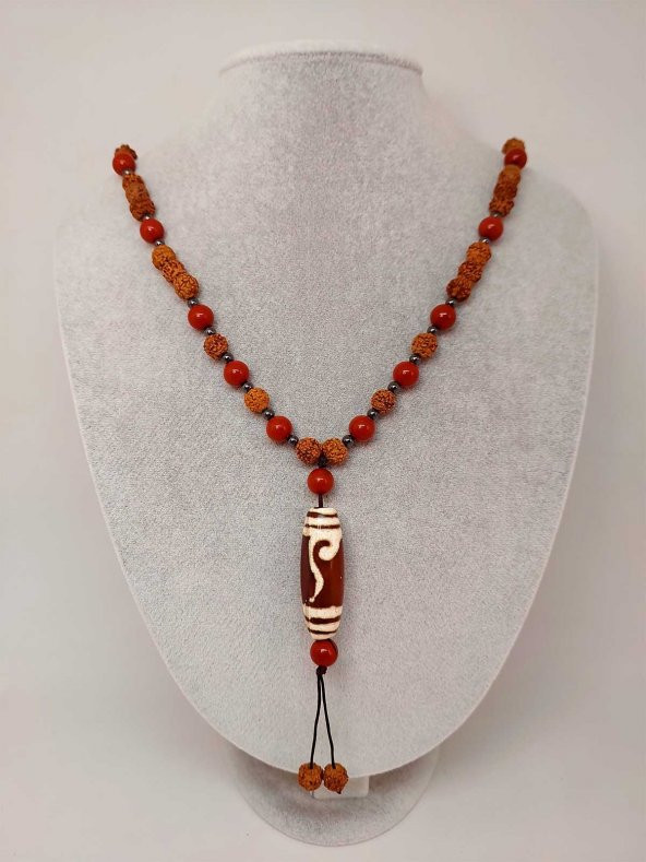 Tibet Akik & Jasper Taşlı Para Kancası Sembollü Rudraksha Unisex Kolye 8mm ürün görseli