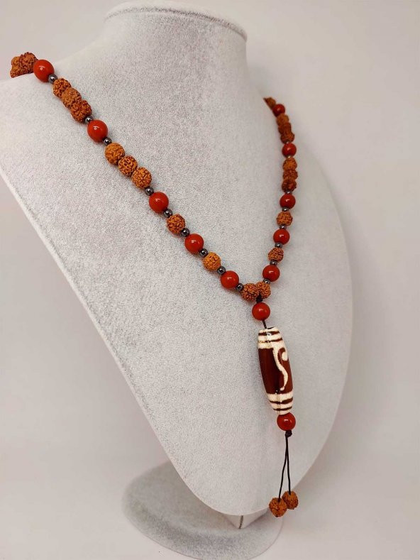 Tibet Akik & Jasper Taşlı Para Kancası Sembollü Rudraksha Unisex Kolye 8mm - Resim 2