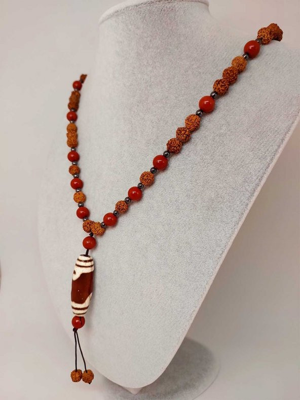 Tibet Akik & Jasper Taşlı Para Kancası Sembollü Rudraksha Unisex Kolye 8mm - Resim 3