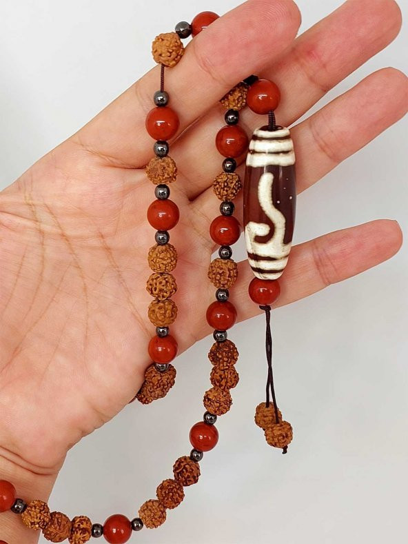 Tibet Akik & Jasper Taşlı Para Kancası Sembollü Rudraksha Unisex Kolye 8mm - Resim 4