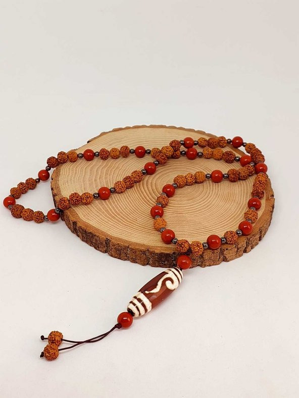 Tibet Akik & Jasper Taşlı Para Kancası Sembollü Rudraksha Unisex Kolye 8mm - Resim 5