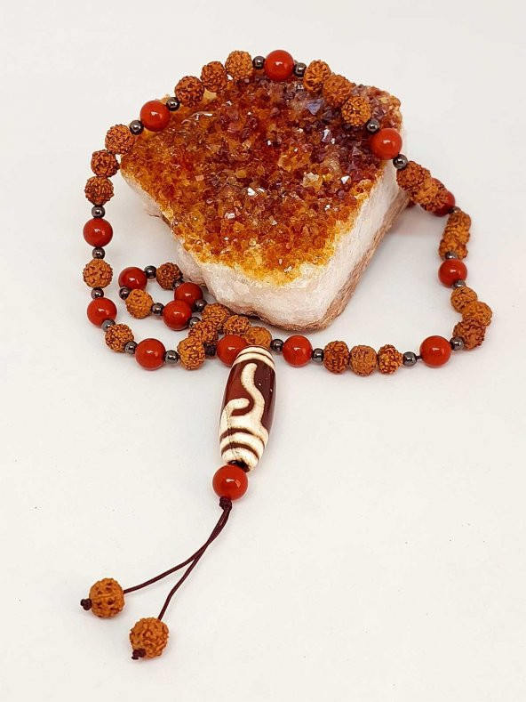 Tibet Akik & Jasper Taşlı Para Kancası Sembollü Rudraksha Unisex Kolye 8mm - Resim 6