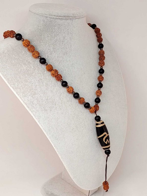 Tibet Akik & Oniks Taşlı Lotus Sembollü Rudraksha Unisex Kolye 8mm - Resim 2