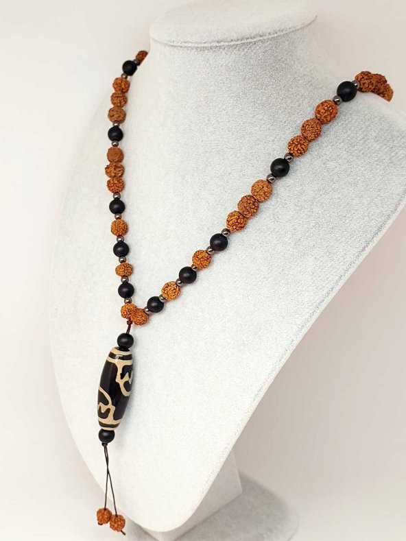 Tibet Akik & Oniks Taşlı Lotus Sembollü Rudraksha Unisex Kolye 8mm - Resim 3