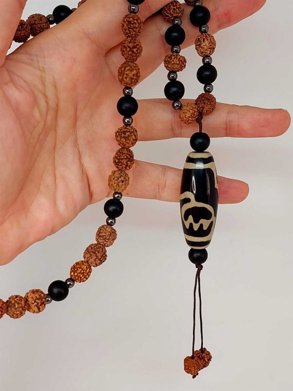 Tibet Akik & Oniks Taşlı Lotus Sembollü Rudraksha Unisex Kolye 8mm - Resim 4