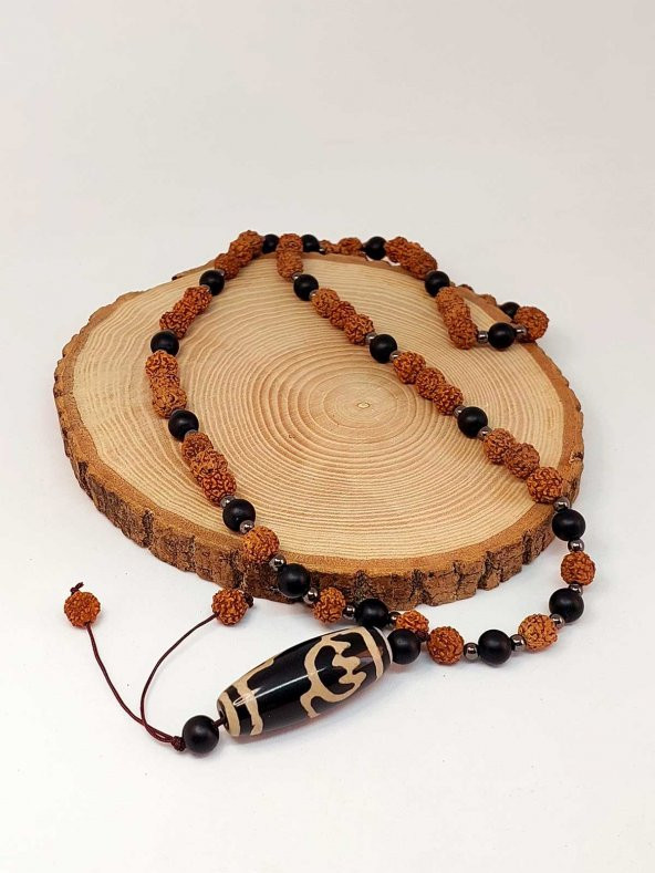 Tibet Akik & Oniks Taşlı Lotus Sembollü Rudraksha Unisex Kolye 8mm - Resim 5