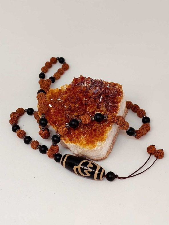 Tibet Akik & Oniks Taşlı Lotus Sembollü Rudraksha Unisex Kolye 8mm - Resim 6