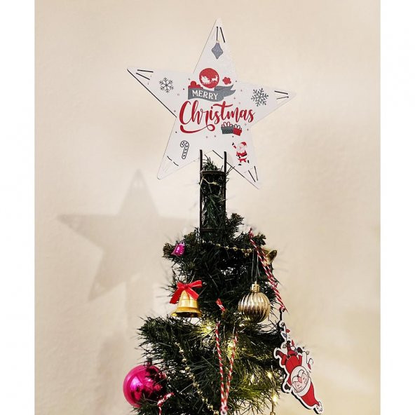 19cm Ahşap Yılbaşı Ağacı Tepe Yıldızı Merry Christmas Mod.1 - 2