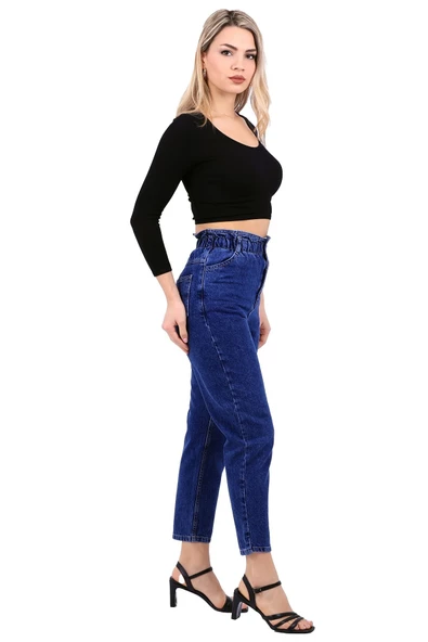 Beli Lastikli ve Yüksek Belli Cepli Astarsız Kadın Kot Pantolon Jean Koyu Mavi Denim - 2