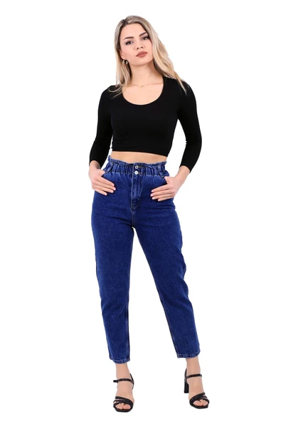 Beli Lastikli ve Yüksek Belli Cepli Astarsız Kadın Kot Pantolon Jean Koyu Mavi Denim - 4