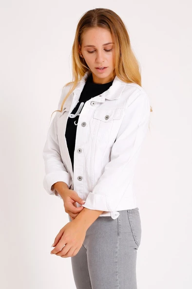 Klasik Yakalı ve Cepli Astarsız Uzun Kollu Kadın Kot Kısa Ceket Denim Sonbahar Kış İlkbahar Beyaz - 5