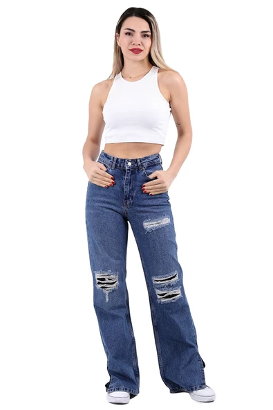 Bacakları Yırtıklı ve Paçaları Yırtmaçlı Geniş Paçalı Kadın Kot Pantolon Jean Orta Mavi Denim - 6