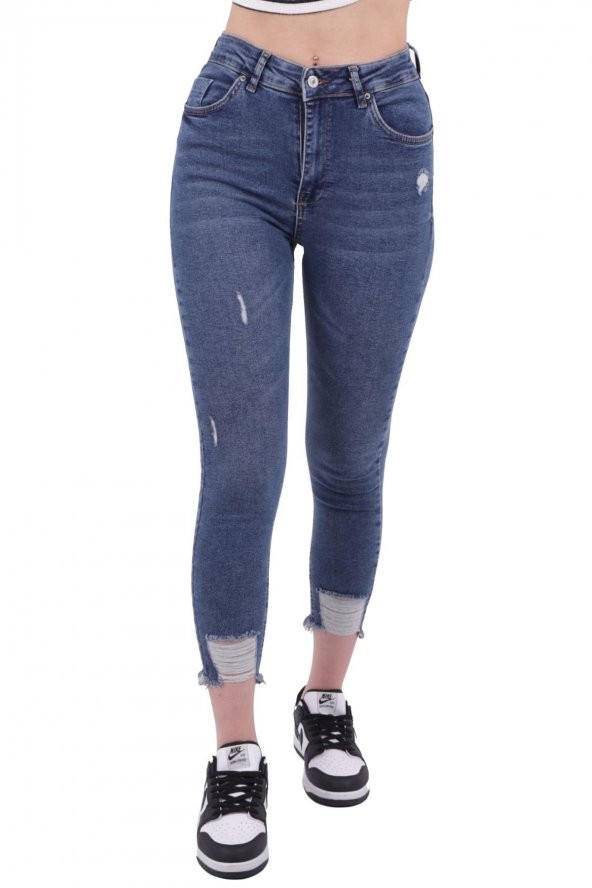 Ekstra Dar Kalıplı Paçaları Yırtıklı ve Yüksek Belli Kot Kadın Pantolon Skinny Jean Orta Mavi Denim