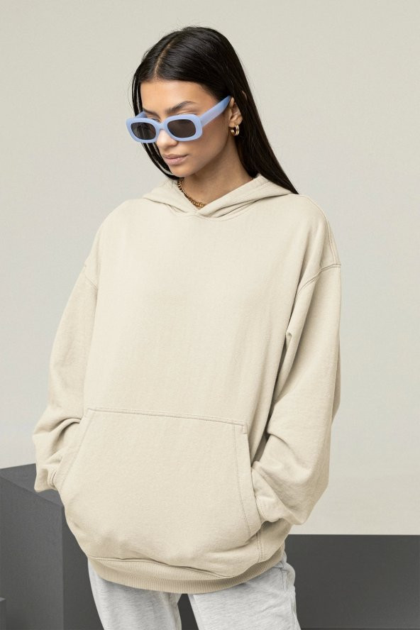 Kadın Düz Bej Erkek Kapüşonlu 3 iplik Şardonlu Ribanalı Sweatshirt Hoodie