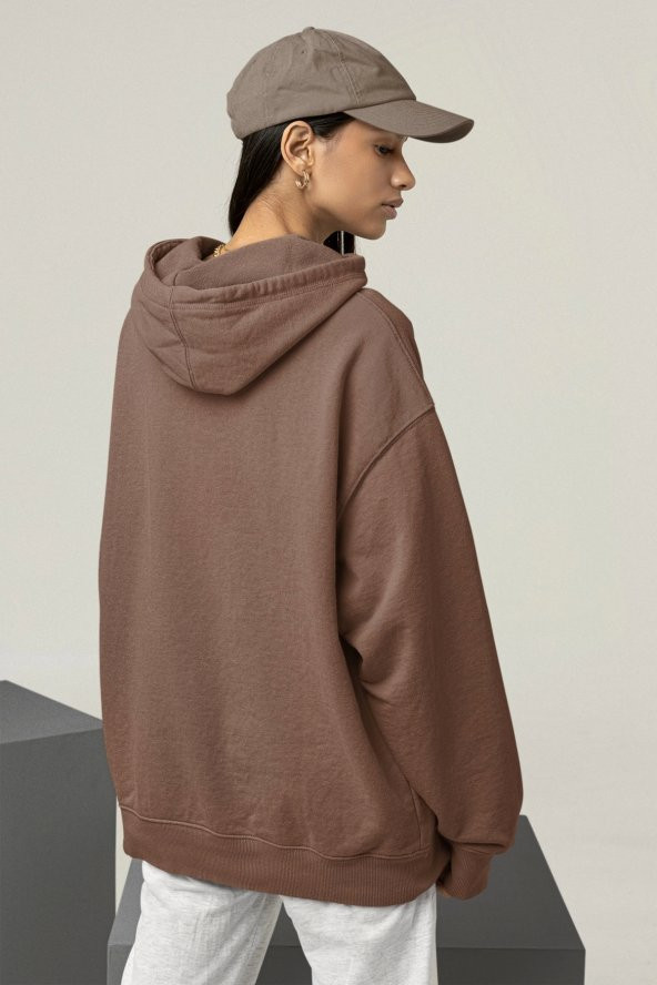 Kadın Düz Kahverengi Kapüşonlu 3 Iplik Şardonlu Ribanalı Sweatshirt Hoodie - 2
