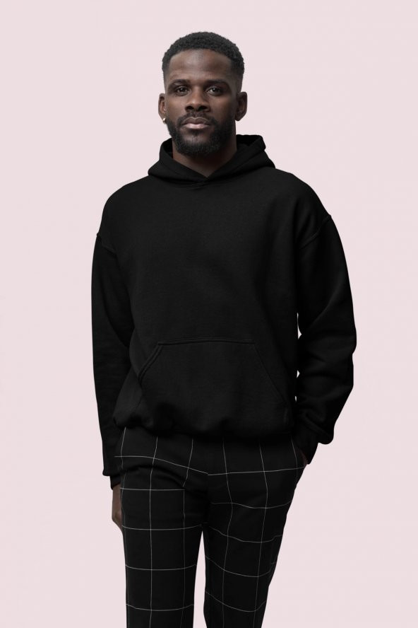 Düz Siyah Erkek Kapüşonlu 3 iplik Şardonlu Ribanalı Sweatshirt Hoodie