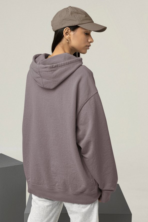 Kadın Düz Gri Erkek Kapüşonlu 3 iplik Şardonlu Ribanalı Sweatshirt Hoodie - 2