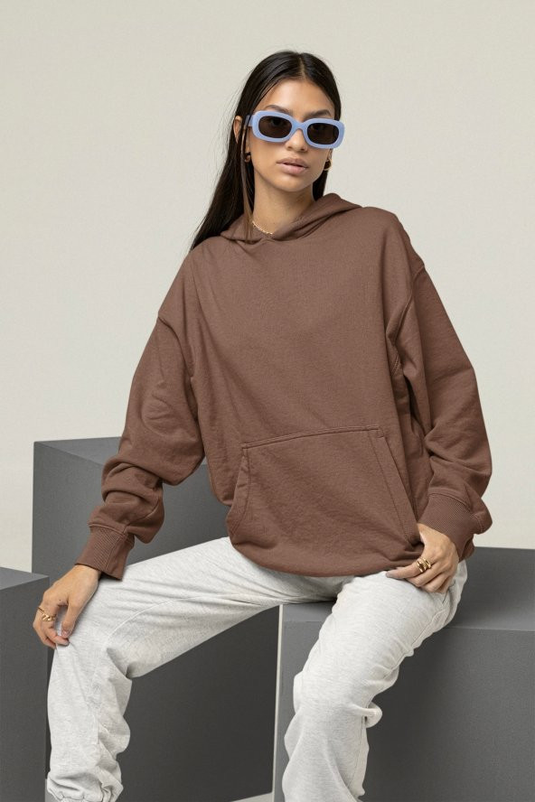 Kadın Düz Kahverengi Kapüşonlu 3 Iplik Şardonlu Ribanalı Sweatshirt Hoodie - 3