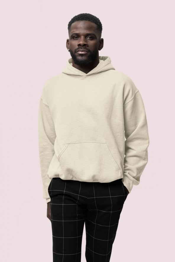 Düz Bej Erkek Kapüşonlu 3 iplik Şardonlu Ribanalı Sweatshirt Hoodie