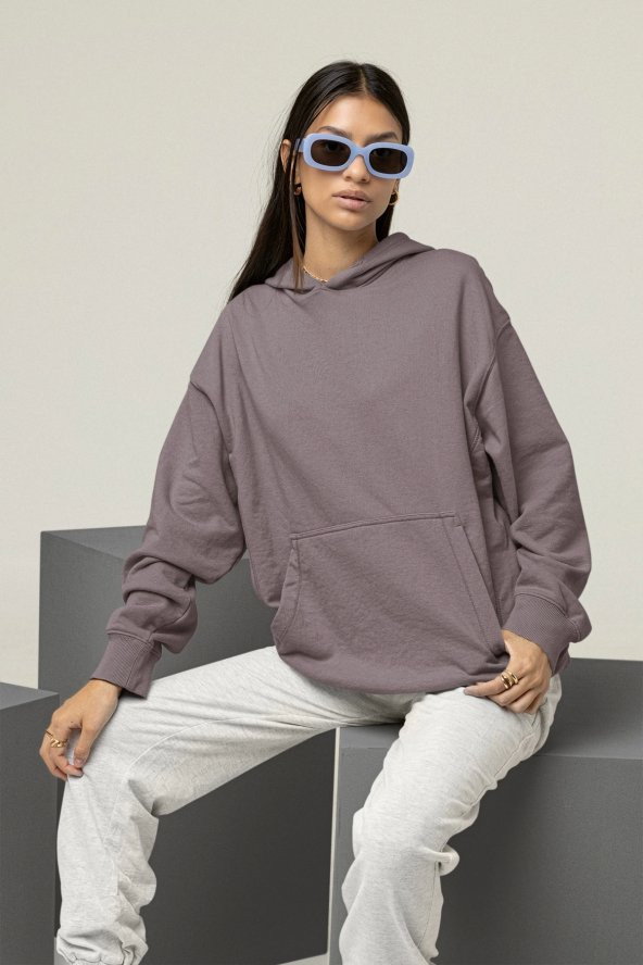 Kadın Düz Gri Erkek Kapüşonlu 3 iplik Şardonlu Ribanalı Sweatshirt Hoodie - 3