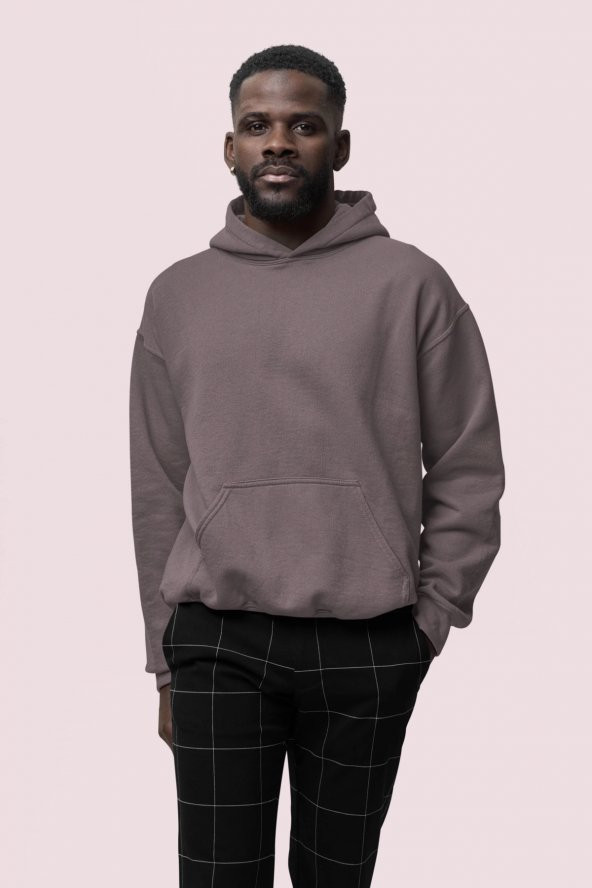 Düz Gri Erkek Kapüşonlu 3 iplik Şardonlu Ribanalı Sweatshirt Hoodie