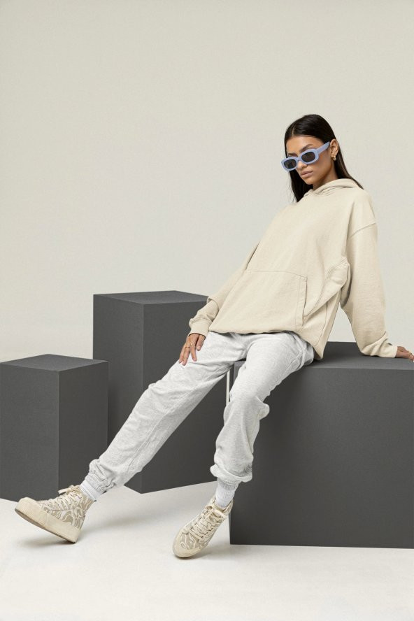 Kadın Düz Bej Erkek Kapüşonlu 3 iplik Şardonlu Ribanalı Sweatshirt Hoodie - 4