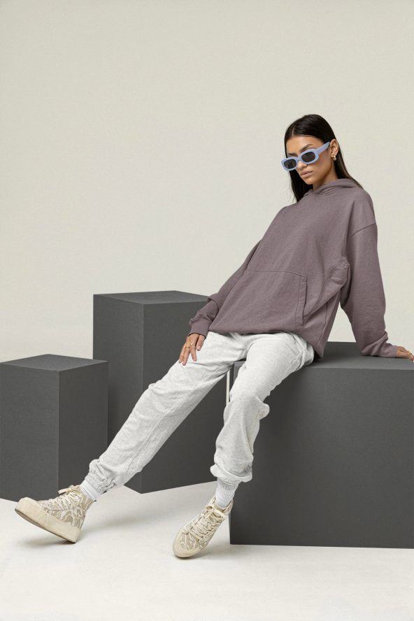 Kadın Düz Gri Erkek Kapüşonlu 3 iplik Şardonlu Ribanalı Sweatshirt Hoodie - 4