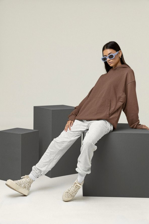 Kadın Düz Kahverengi Kapüşonlu 3 Iplik Şardonlu Ribanalı Sweatshirt Hoodie - 4