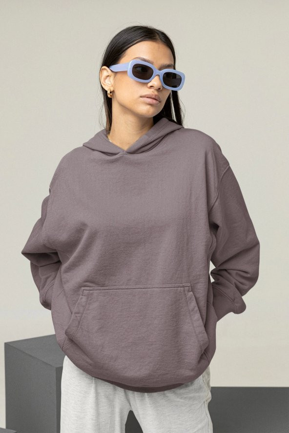 Kadın Düz Gri Erkek Kapüşonlu 3 iplik Şardonlu Ribanalı Sweatshirt Hoodie - 5