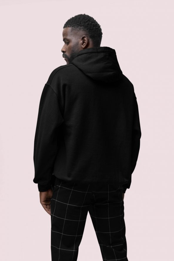 Düz Siyah Erkek Kapüşonlu 3 iplik Şardonlu Ribanalı Sweatshirt Hoodie - 2