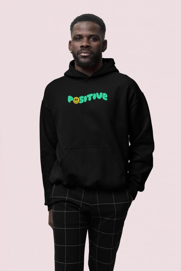 Positive Baskılı Siyah Erkek Kapüşonlu 3 iplik Şardonlu Ribanalı Sweatshirt Hoodie