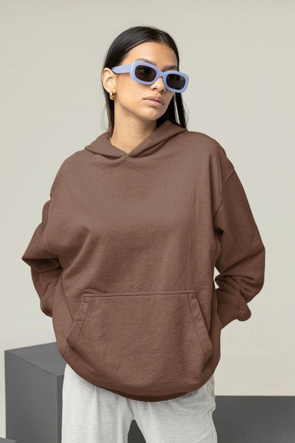 Kadın Düz Kahverengi Kapüşonlu 3 Iplik Şardonlu Ribanalı Sweatshirt Hoodie - 5